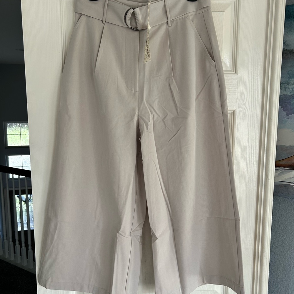 Mystree Wide Leg Cream Pants Belted High Waist Cropped Trousers 18257 S - Picture 5 of 8